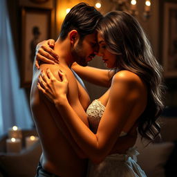 A sensual and intimate scene depicting a couple in a close embrace, conveying a deep sense of passion and connection