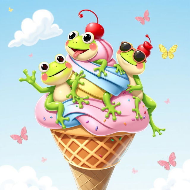 A delightful and whimsical illustration featuring three animated frogs playfully perched on top of a large ice cream cone