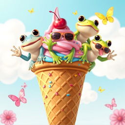 A delightful and whimsical illustration featuring three animated frogs playfully perched on top of a large ice cream cone