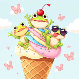 A delightful and whimsical illustration featuring three animated frogs playfully perched on top of a large ice cream cone