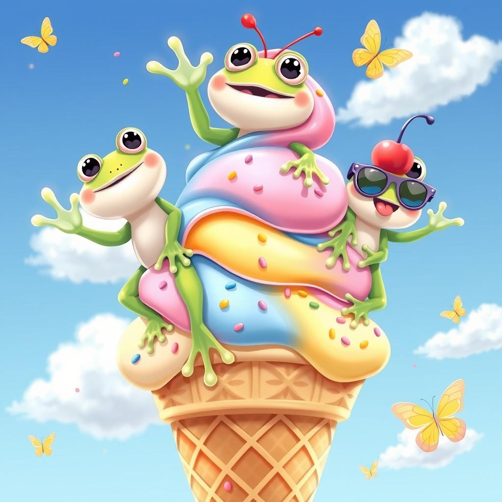 A delightful and whimsical illustration featuring three animated frogs playfully perched on top of a large ice cream cone