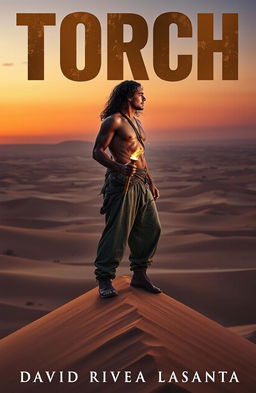 A man stands on top of a tall sand dune in a vast desert landscape, gazing intensely into the horizon