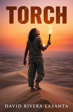 A man stands on top of a tall sand dune in a vast desert landscape, gazing intensely into the horizon