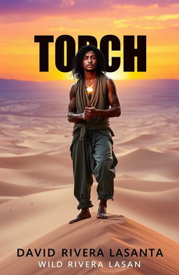 A man stands on top of a tall sand dune in a vast desert landscape, gazing intensely into the horizon