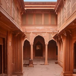 An ancient Indian house featuring a traditional courtyard (Aangan), made of rustic materials and adorned with cultural artifacts.