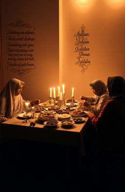 A beautifully arranged table filled with traditional Indonesian dishes for breaking the fast during Ramadhan, surrounded by soft, golden lighting that evokes a warm and inviting atmosphere