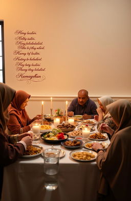 A beautifully arranged table filled with traditional Indonesian dishes for breaking the fast during Ramadhan, surrounded by soft, golden lighting that evokes a warm and inviting atmosphere