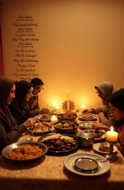 A beautifully arranged table filled with traditional Indonesian dishes for breaking the fast during Ramadhan, surrounded by soft, golden lighting that evokes a warm and inviting atmosphere