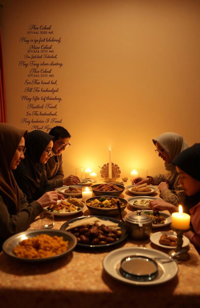 A beautifully arranged table filled with traditional Indonesian dishes for breaking the fast during Ramadhan, surrounded by soft, golden lighting that evokes a warm and inviting atmosphere