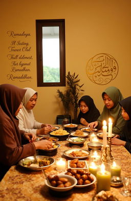 A beautifully arranged table filled with traditional Indonesian dishes for breaking the fast during Ramadhan, surrounded by soft, golden lighting that evokes a warm and inviting atmosphere