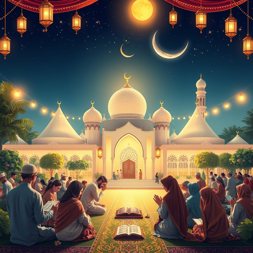 An inspiring scene of a peaceful Islamic community gathering during Ramadhan, showcasing individuals engaged in various acts of worship such as praying, reading the Quran, and sharing meals together