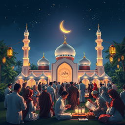 An inspiring scene of a peaceful Islamic community gathering during Ramadhan, showcasing individuals engaged in various acts of worship such as praying, reading the Quran, and sharing meals together