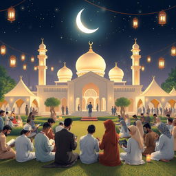 An inspiring scene of a peaceful Islamic community gathering during Ramadhan, showcasing individuals engaged in various acts of worship such as praying, reading the Quran, and sharing meals together