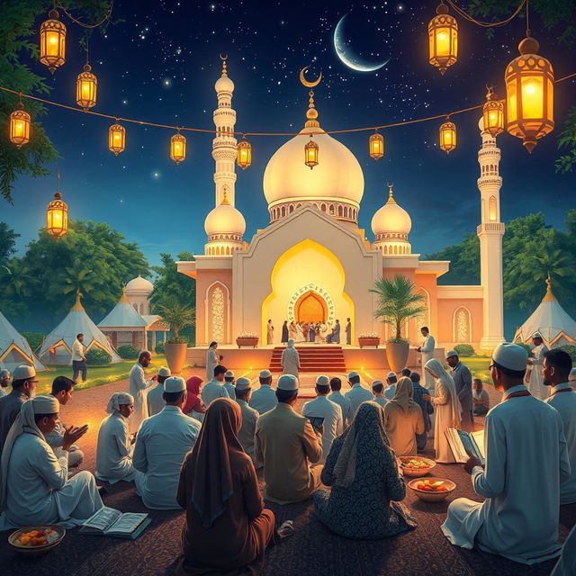 An inspiring scene of a peaceful Islamic community gathering during Ramadhan, showcasing individuals engaged in various acts of worship such as praying, reading the Quran, and sharing meals together