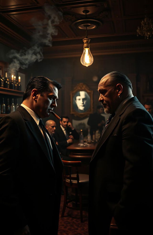 A cinematic scene depicting a dark and moody mafia gathering in an opulent, dimly lit room