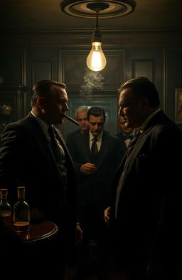 A cinematic scene depicting a dark and moody mafia gathering in an opulent, dimly lit room