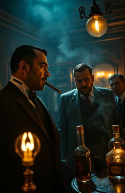 A cinematic scene depicting a dark and moody mafia gathering in an opulent, dimly lit room