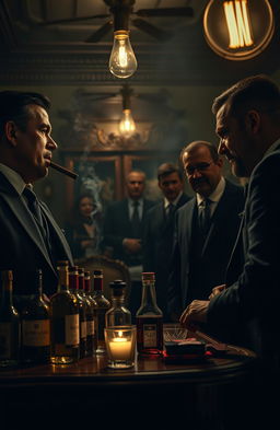 A cinematic scene depicting a dark and moody mafia gathering in an opulent, dimly lit room