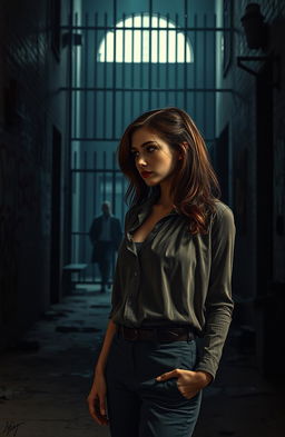 A dramatic scene depicting a young woman standing outside a prison, looking contemplative and troubled, with the shadow of a prison looming behind her