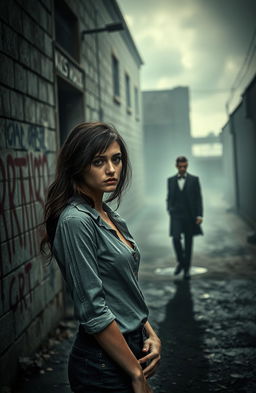 A dramatic scene depicting a young woman standing outside a prison, looking contemplative and troubled, with the shadow of a prison looming behind her