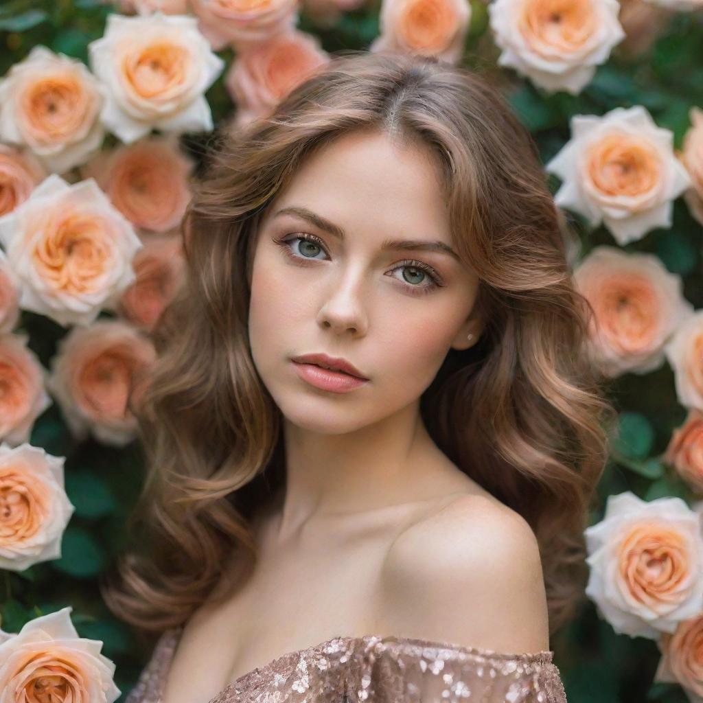 A stunning woman with light brown hair and shimmering, oil-colored eyes, embraced by a dreamy garden of radiant, oil-colored roses