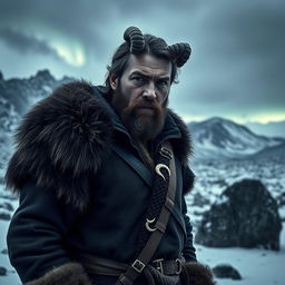 A dark and realistic portrayal of a rugged man embodying the Capricorn zodiac sign, featuring a strong, determined expression