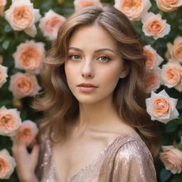 A stunning woman with light brown hair and shimmering, oil-colored eyes, embraced by a dreamy garden of radiant, oil-colored roses