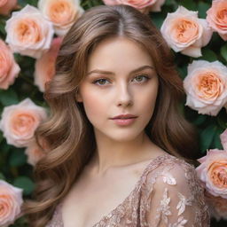 A stunning woman with light brown hair and shimmering, oil-colored eyes, embraced by a dreamy garden of radiant, oil-colored roses