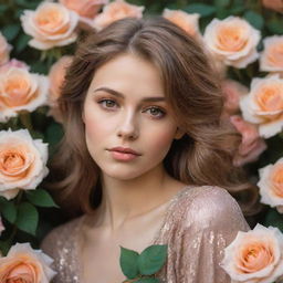 A stunning woman with light brown hair and shimmering, oil-colored eyes, embraced by a dreamy garden of radiant, oil-colored roses