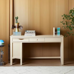 A home desk with a length of six feet, beautifully crafted with plenty of space for work and decoration.