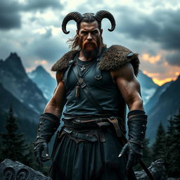 A dark and realistic representation of a muscular man embodying the Aries zodiac sign, characterized by a fierce and confident expression