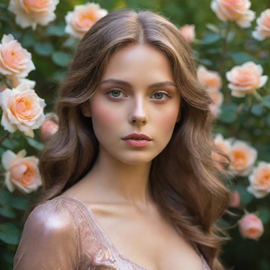 A captivating bronze-skinned woman with light brown hair and intriguing, oil-colored eyes, enclosed by an enchanting garden filled with iridescent, oil-bathed roses