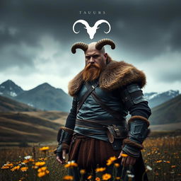 A dark and realistic depiction of a powerful man symbolizing the Taurus zodiac sign, exuding strength and calm determination