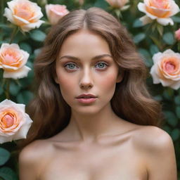 A captivating bronze-skinned woman with light brown hair and intriguing, oil-colored eyes, enclosed by an enchanting garden filled with iridescent, oil-bathed roses