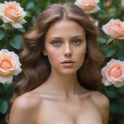 A captivating bronze-skinned woman with light brown hair and intriguing, oil-colored eyes, enclosed by an enchanting garden filled with iridescent, oil-bathed roses