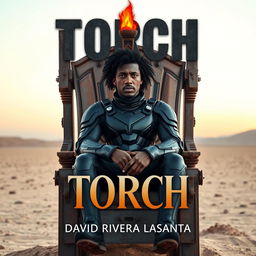 A striking black man with curly hair that reaches his ears and bright blue eyes sits confidently on a dirty, rusty throne in the middle of a vast desert