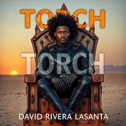 A striking black man with curly hair that reaches his ears and bright blue eyes sits confidently on a dirty, rusty throne in the middle of a vast desert