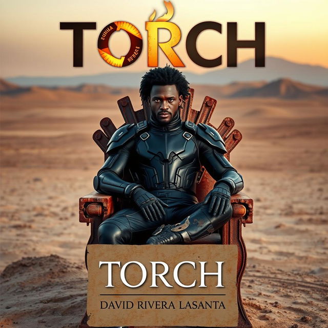 A striking black man with curly hair that reaches his ears and bright blue eyes sits confidently on a dirty, rusty throne in the middle of a vast desert