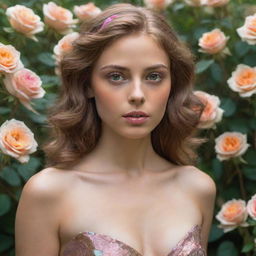 A captivating bronze-skinned woman with light brown hair and intriguing, oil-colored eyes, enclosed by an enchanting garden filled with iridescent, oil-bathed roses