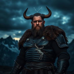A dark and realistic image of a strong man representing the Taurus zodiac sign, exuding a sense of steadfastness and power