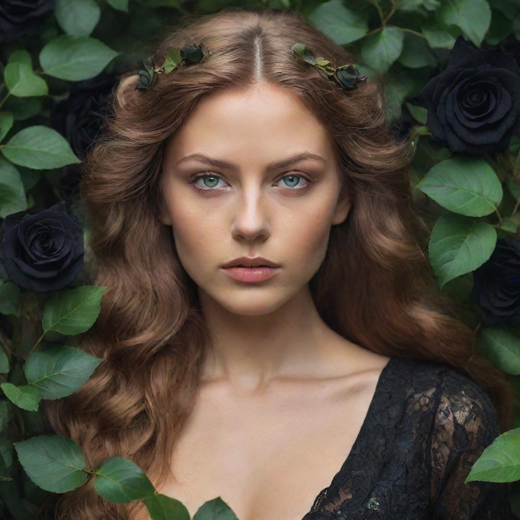 A spellbinding bronze-skinned woman with light brown hair and captivating green eyes, enveloped by a mystical garden filled with dark, black roses