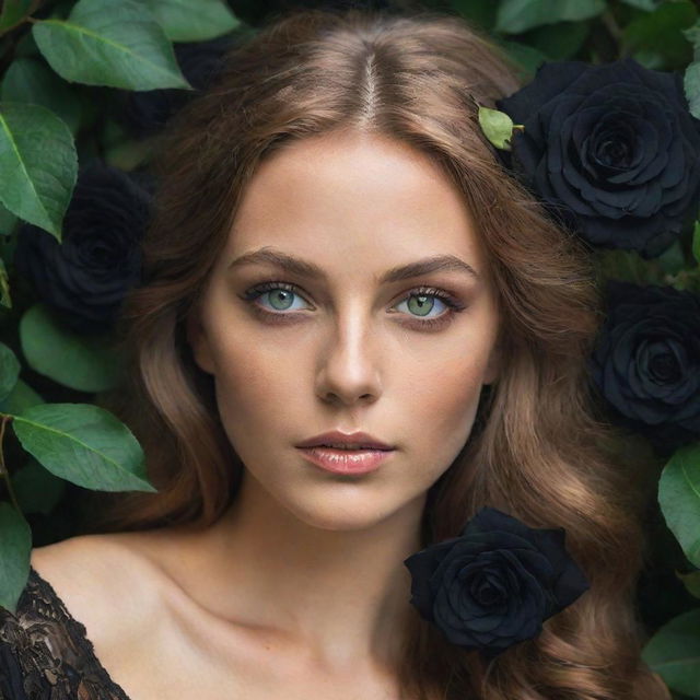 A spellbinding bronze-skinned woman with light brown hair and captivating green eyes, enveloped by a mystical garden filled with dark, black roses