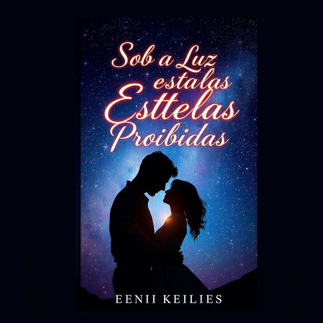 A romantic book cover design featuring a man and a woman embracing under a mesmerizing night sky filled with twinkling stars