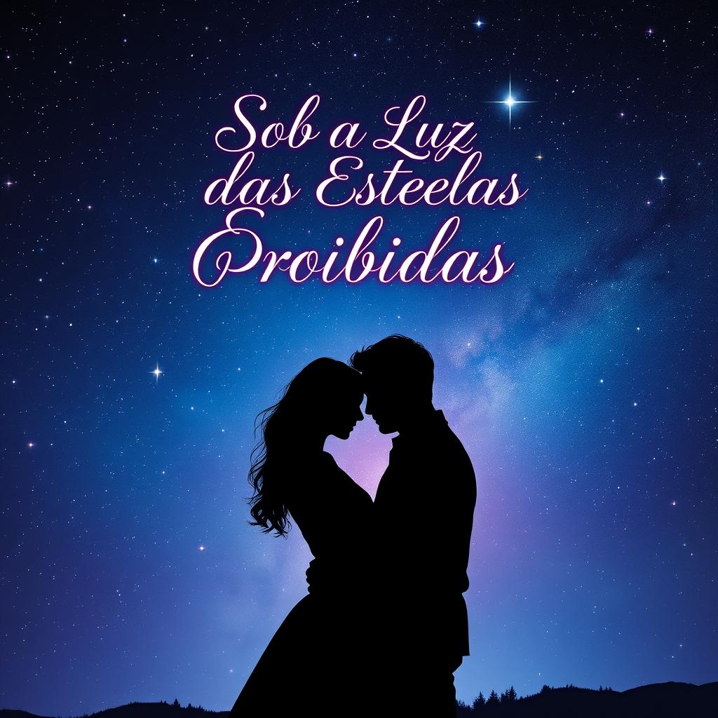 A romantic book cover design featuring a man and a woman embracing under a mesmerizing night sky filled with twinkling stars