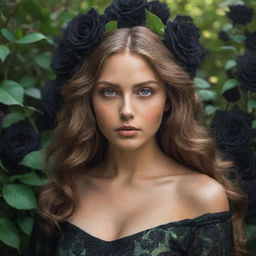 A spellbinding bronze-skinned woman with light brown hair and captivating green eyes, enveloped by a mystical garden filled with dark, black roses