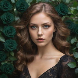 A spellbinding bronze-skinned woman with light brown hair and captivating green eyes, enveloped by a mystical garden filled with dark, black roses