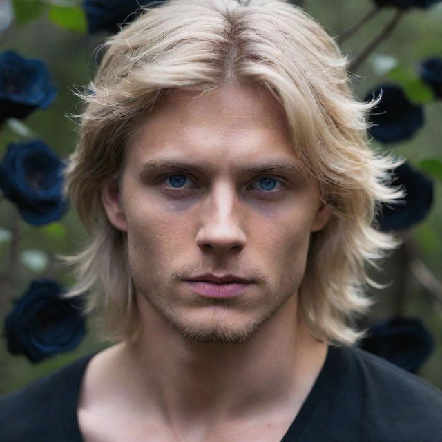 A striking blonde man with rugged, bark blonde hair and deep blue eyes, enshrined within an ethereal grove of haunting black roses