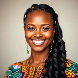 A portrait of a Nigerian woman with a radiant smile, featuring warm brown skin tones and a joyful expression