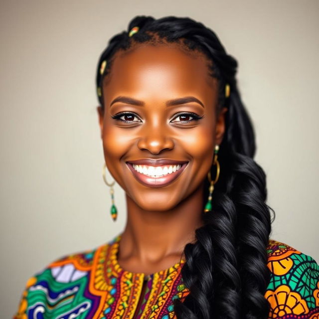 A portrait of a Nigerian woman with a radiant smile, featuring warm brown skin tones and a joyful expression