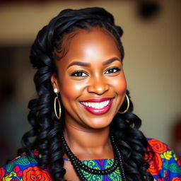 A portrait of a Nigerian woman with a radiant smile, featuring warm brown skin tones and a joyful expression